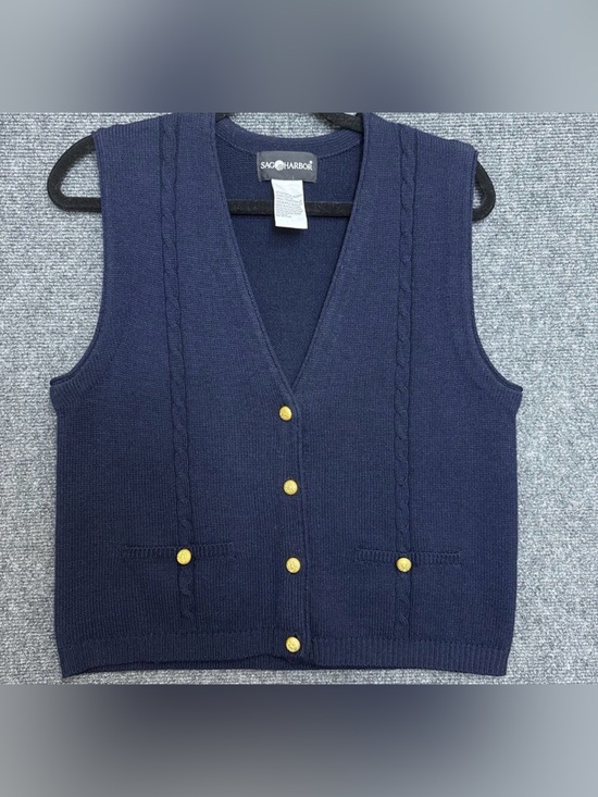 Sag Harbor Sweaters - Sag Harbor Cable-Knit Sweater Vest, Navy Blue, Button Front, Acrylic, M